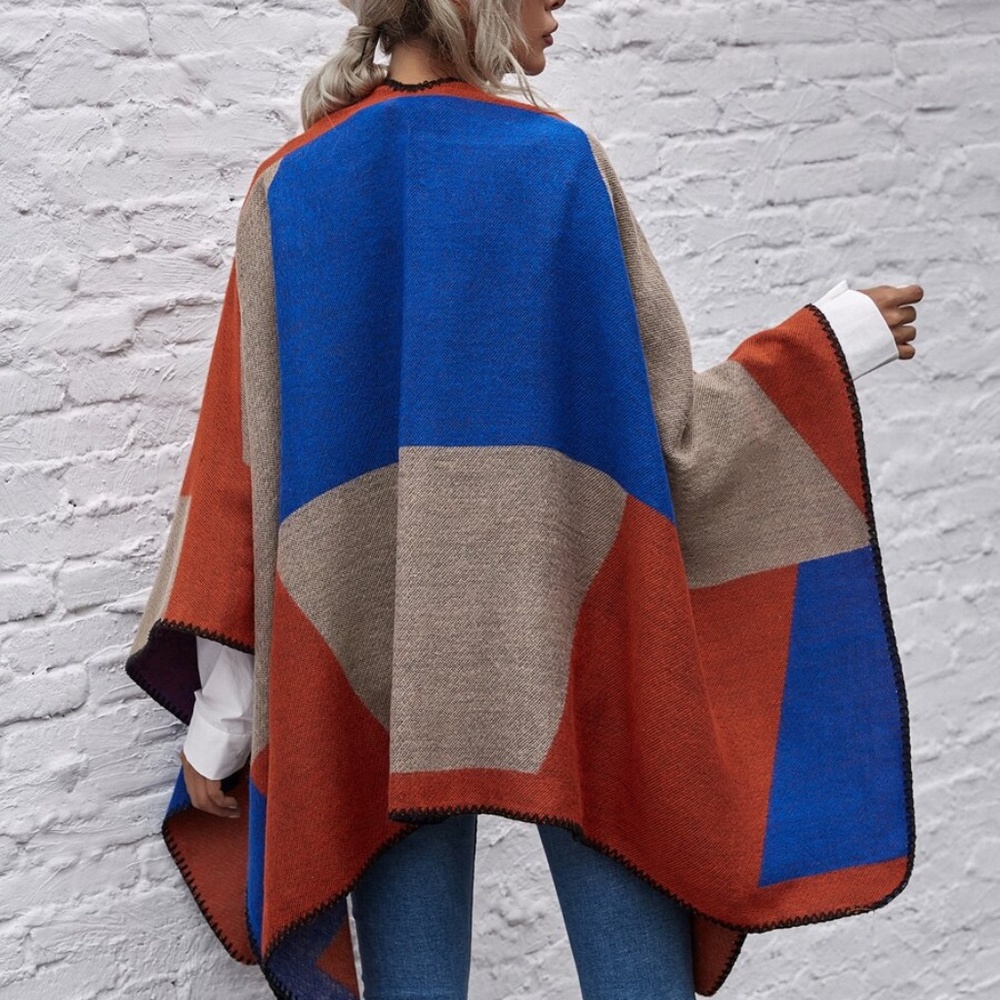 fall color block open front kimono poncho cardiga - Picture 5 of 11